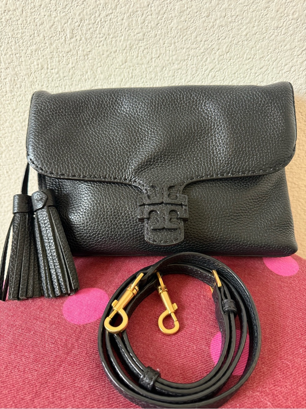 Tory Burch Black Pebbled Leather Crossbody with Tassel
